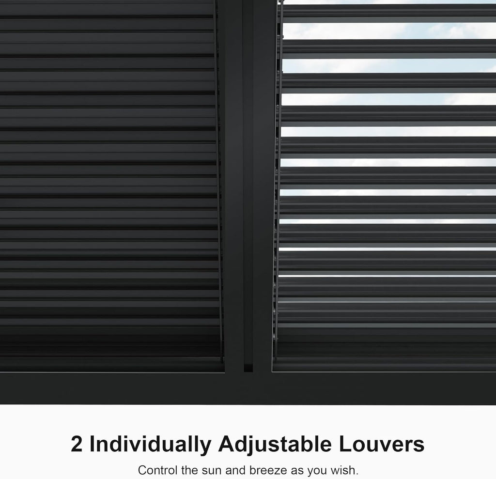 PURPLE LEAF Louvered Pergola 94AS 10' x 14' Outdoor Aluminum Pergola with Two Independently Adjustable Roof with 24 Light Bulbs for Backyard Garden