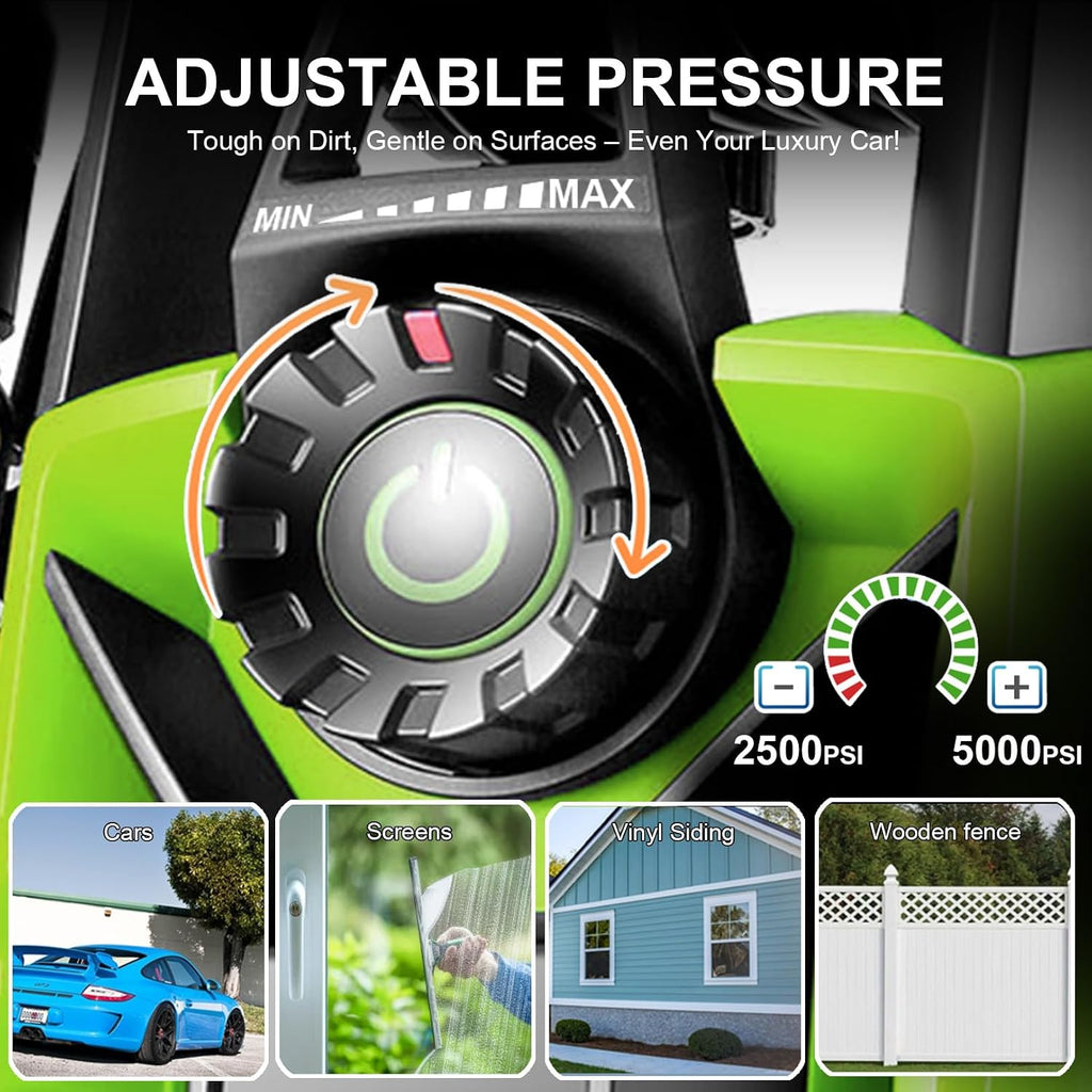 Pressure Washer 5000 PSI Adjustable Pressure, Power Wahser Powered with 33ft Pressure Hose, 4 Nozzles and 500ml Foam Cannon, Cleaner Machine for Home, Car, Green