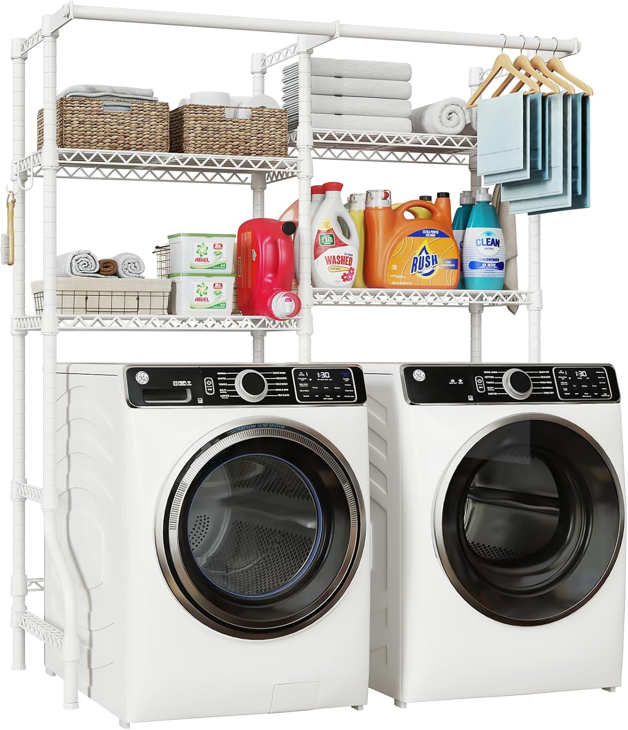 ULIFHOME U14 Over Washer and Dryer Storage Shelves, 4 Tiers Laundry Room Storage and Organizer System, Space Saving Clothes Drying Rack with 2 Clothes Hanger Rods, 66.5' W x 20.5' D x 77.4' H, White