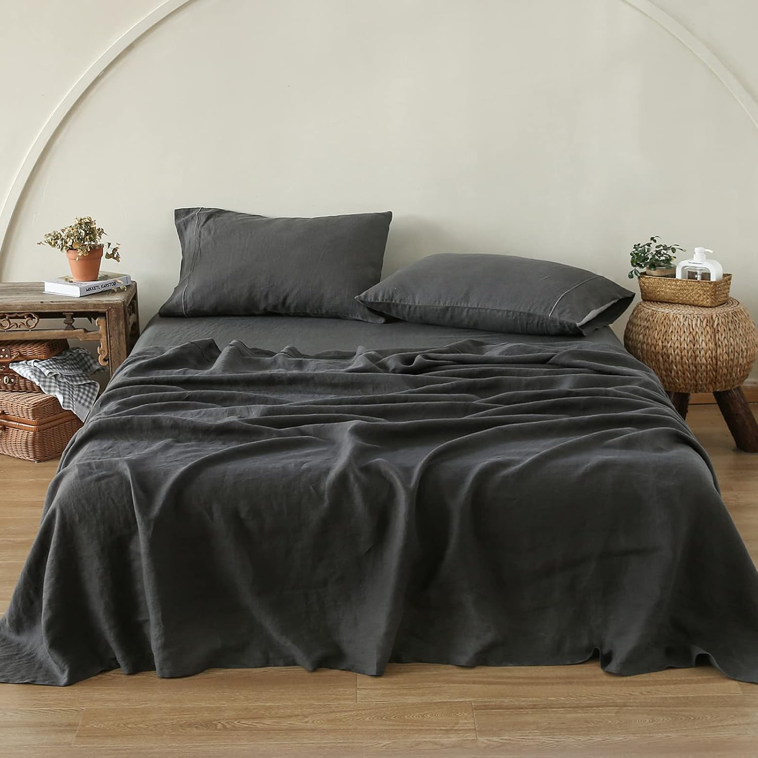 Simple&Opulence 100% Linen Sheet Set with Embroidery Washed - 3 Pieces (1 Flat Sheet & 1 Fitted Sheet & 1 Pillowcase) Natural Flax Soft Bedding Breathable Farmhouse - Dark Grey, Twin Size