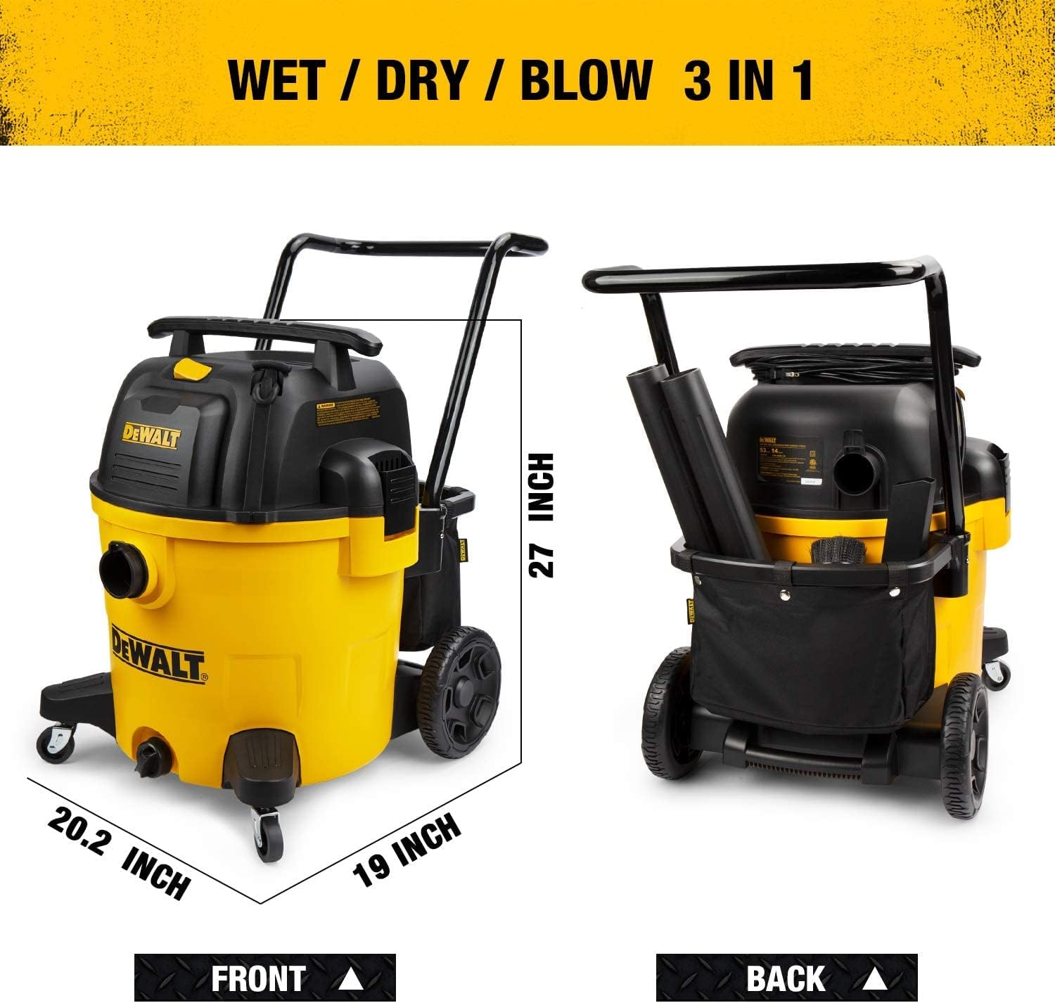DEWALT 14 Gallon Poly Shop Vacuum Wet/Dry, 6 Peak HP, Cart Style Wet/Dry/Blower 3 in 1 Multifunction Shop Vacuum, Built-in Drain, DXV14P