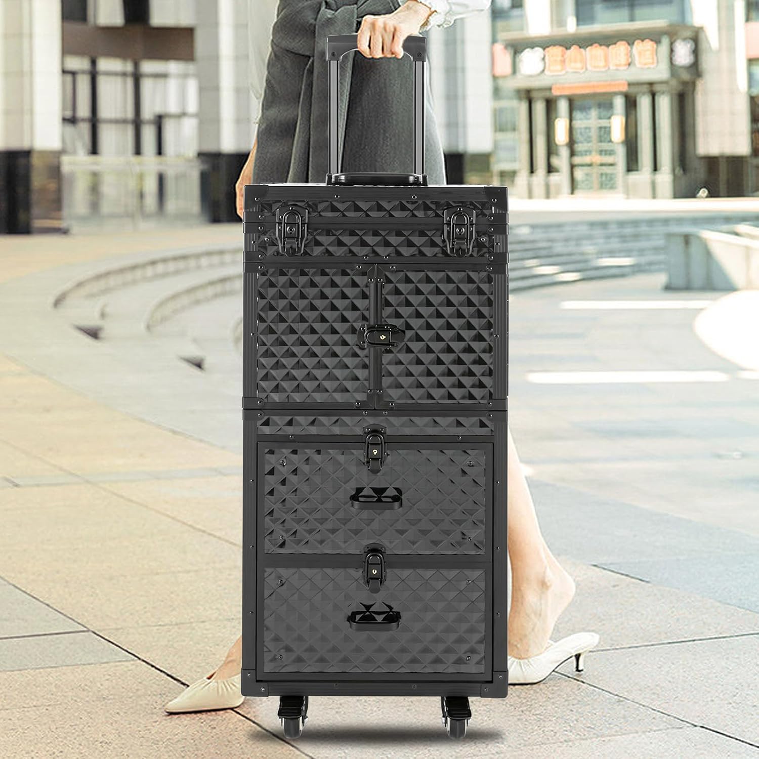 Professional Rolling Lockable Makeup Train Case on Wheels, Hairdressing Trolley Stylist Beauty Salon Cosmetic Luggage Travel Organizer Tool Box for Make-Up Artist, Hairstylist, Nail Artist