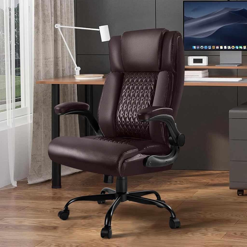 VITESSE Executive Office Chair,Heavy Duty Office Chair with Flip up Armrest,Ergonomic High Back Computer Gaming Chairs Home 400lbs, Big and Tall with Lumbar Support（Brown）