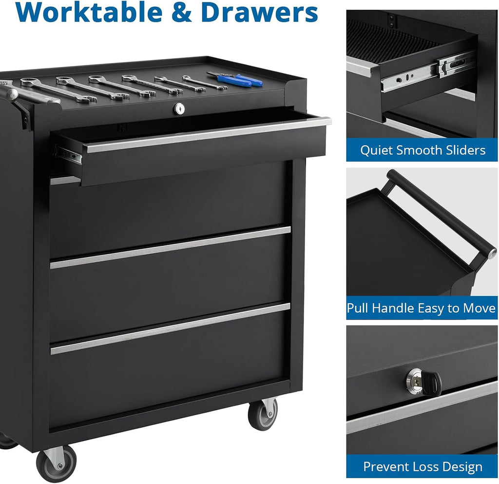 4-Drawer Rolling Tool Chest, Rolling Tool Box with Wheels and Lock System, Portable Mobile Tool Storage Cabinet for Garage, Workshop, Mechanics and Repair Room
