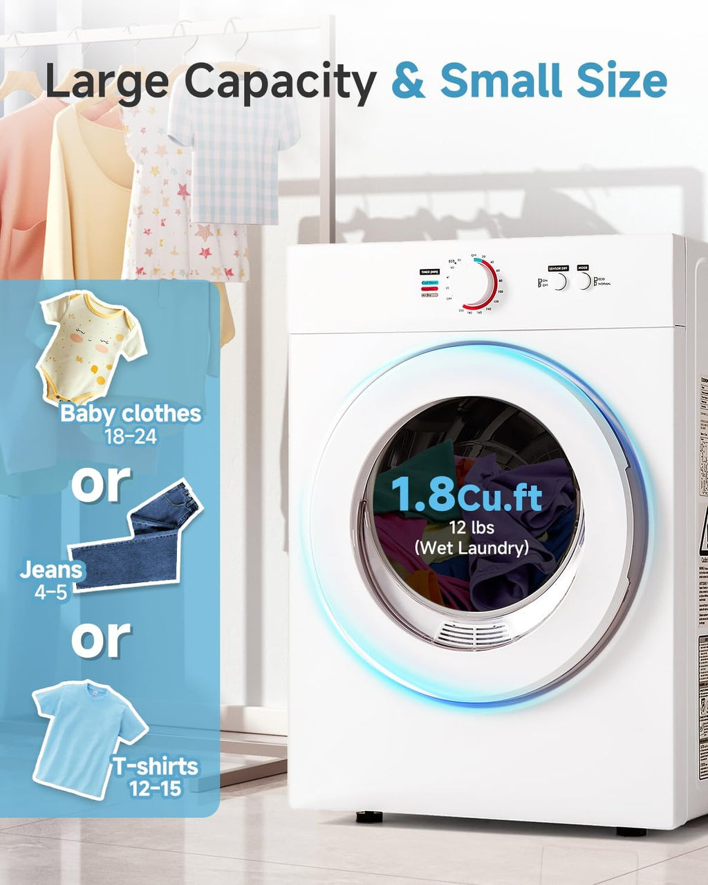 Feelfunn 1.8 Cu.Ft Compact Dryer - 1020W Portable Clothes Dryer with Stainless Steel Tub, Front Load Tumble, Four Functions - Compact Drying Unit for Laundry, Apartments, Dorms