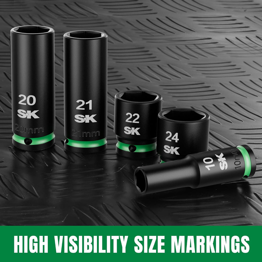 SK 1/2' Drive Impact Socket Set, 30-Piece Metric Sockets, Deep 10mm to 24mm, Shallow 8mm to 24mm, Premium CR-MO Steel, SureGrip 6 Point Design, With Storage Case
