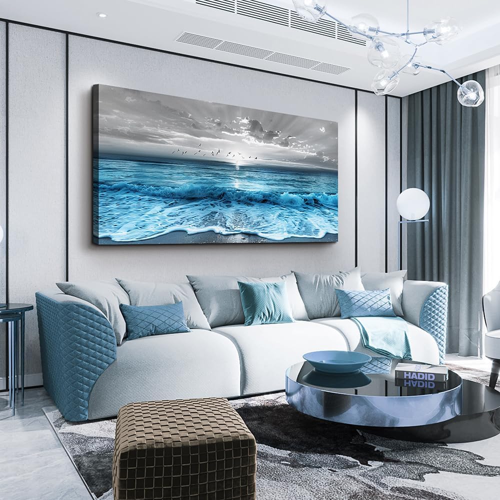 ERQINHUA Large Canvas Printed Artworks Mural Wall Decor For Living Room Wall Art For Bedroom Office Restaurant Decoration Blue Sea Wave Ocean Paintings Beach Wall Pictures Modern Home Decor 30'X60'