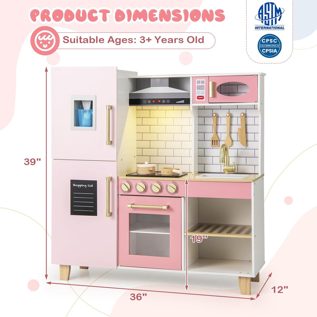 Costzon Kids Kitchen Playset, Wooden Pretend Play Kitchen with BBQ Grill, Ice Maker, Range Hood, Blackboard & Cooking Accessories, Toy Kitchen Set with Lights & Sounds, Gift for Toddlers Ages 3+