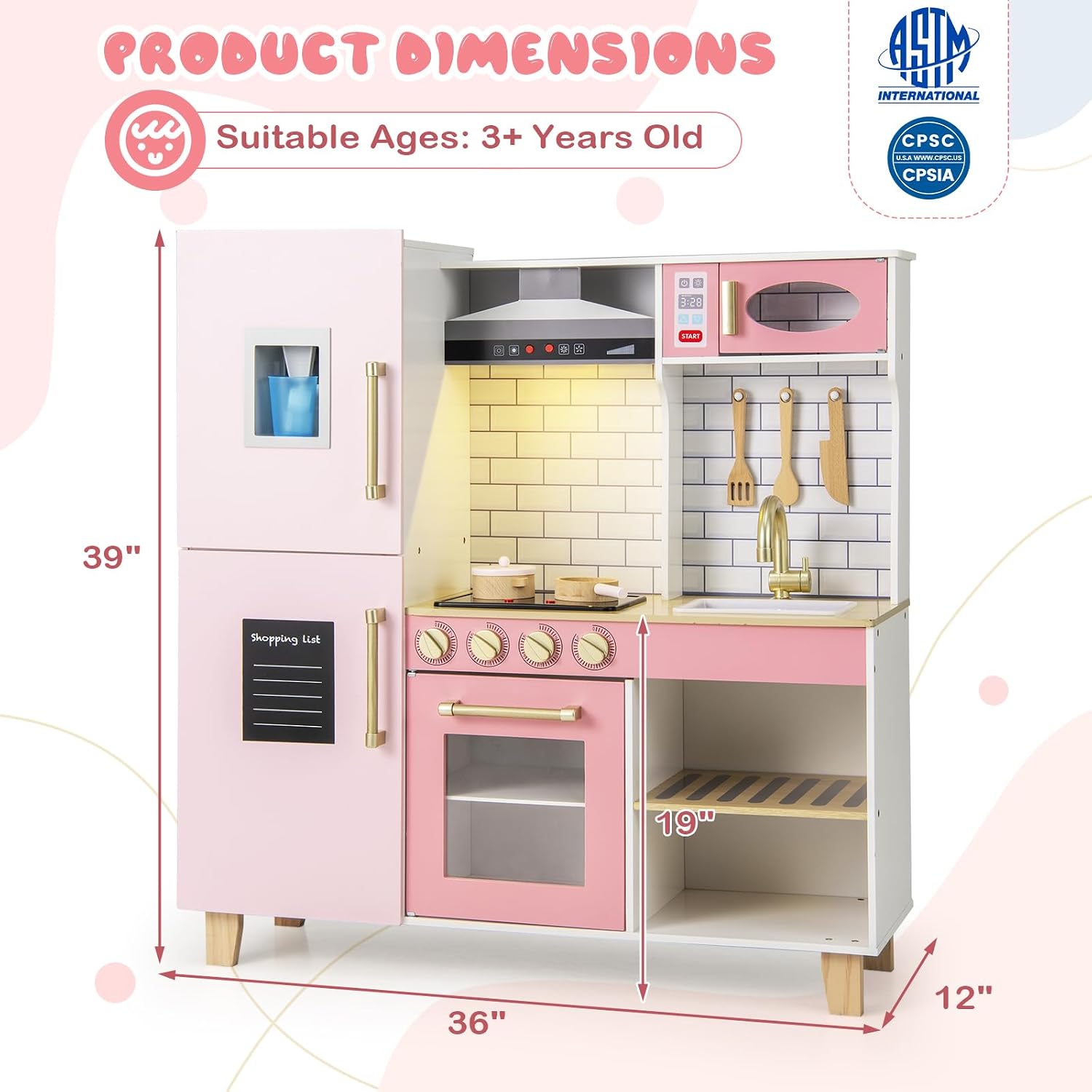 Costzon Kids Kitchen Playset, Wooden Pretend Play Kitchen with BBQ Grill, Ice Maker, Range Hood, Blackboard & Cooking Accessories, Toy Kitchen Set with Lights & Sounds, Gift for Toddlers Ages 3+