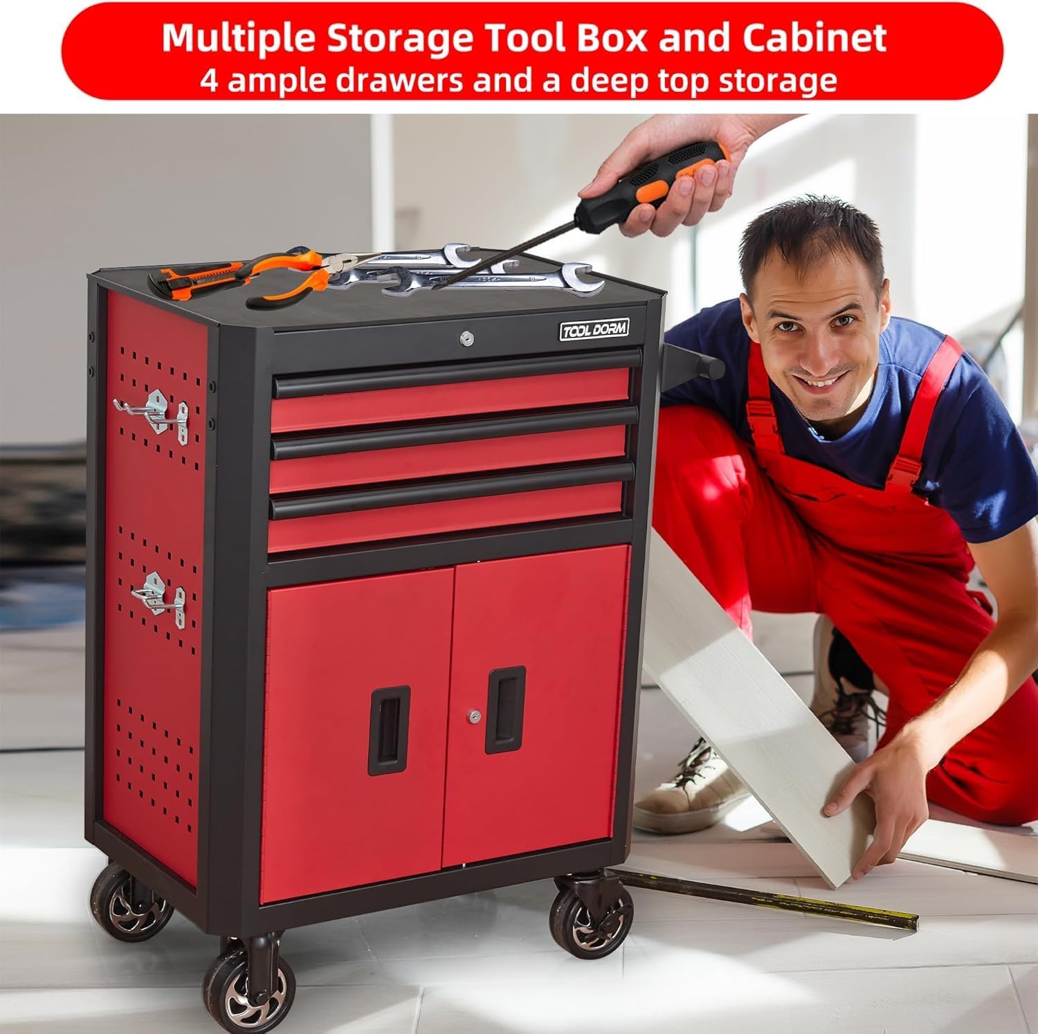 Rolling Tool Chest with Locking Wheels - Tool Box with 3 Drawers & 1 Big Tool Cabinet with 2 Door, 18.5' D x 28' W x 40' H Mobile Tool Storage Cabinet, Heavy-Duty Garage Organizer w/Ergonomic Handle