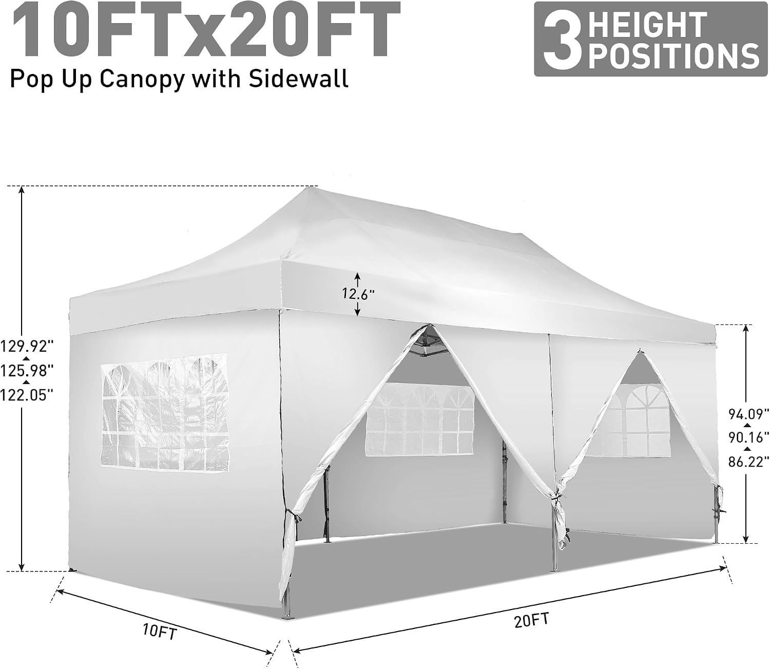 10 x 20 ft Outdoor Pop Up Canopy Tent, Wonlink Commercial Instant Sun Shelter Adjustable Folding Gazebo Party Waterproof Tent with 6 Removable Sidewalls,Heavy Duty Roller Bag.