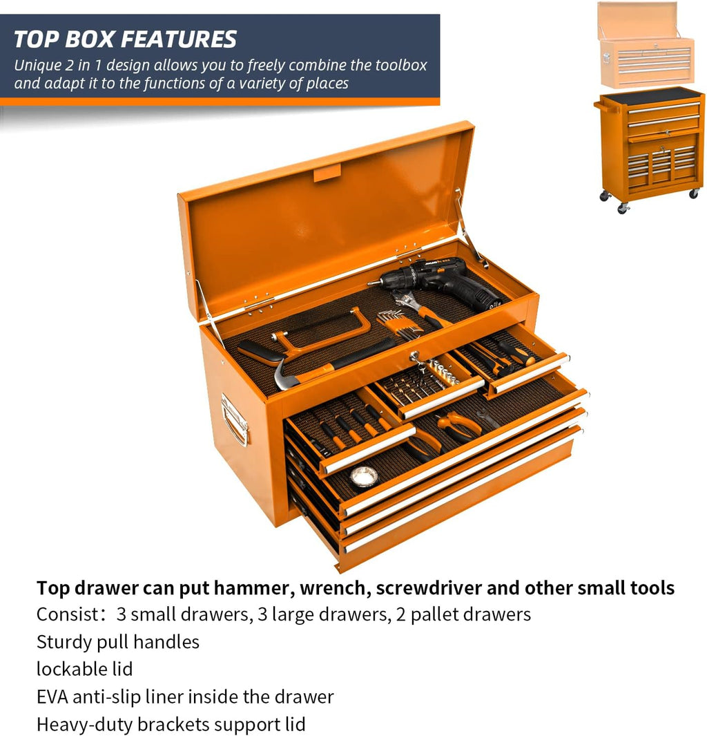 8-Drawer High Capacity Tool Chest, Rolling Tool Box with Lock, Tool Box on 4 Wheels with Sliding Drawers, Tool Storage Cabinet Removable Portable Box for Garage Warehouse New(Orange)