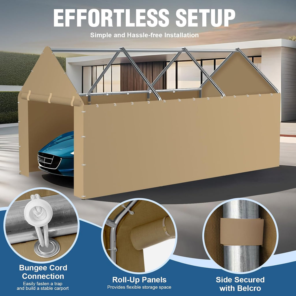 Carport Canopy Sidewalls for 10'x20'x9.35' Carport with Ball Bungee Cords, Replacement Covers Canopy Walls for Car Tent Garage(Sidewalls Only) (Khaki)