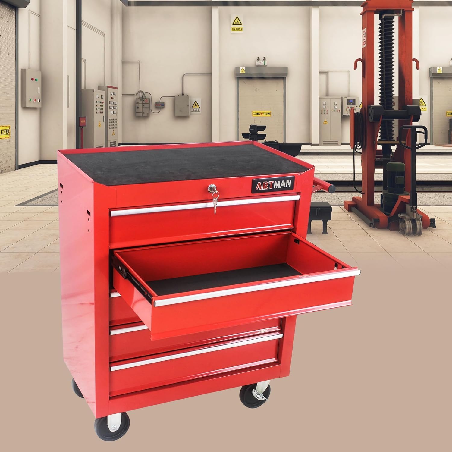 5 Large Drawers Rolling Tool Cart on Wheels, Trolley Organizer Tool Case Tool Chest, Multifunctional Tool Storage Tool Box for Workshop, Garage, Warehouse RED