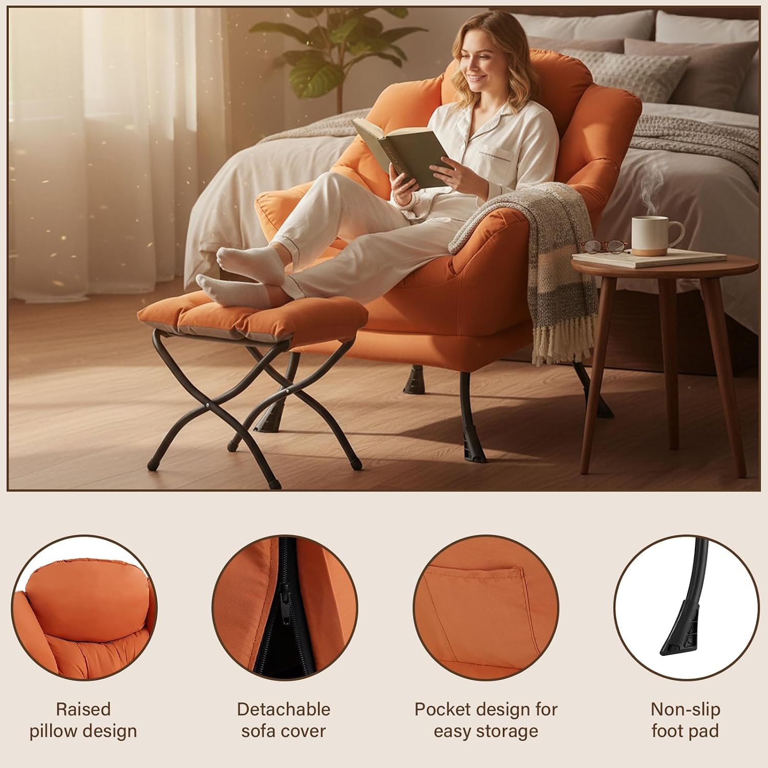 Welnow Lazy Chair with Ottoman for Living Room, Modern Reading Accent Chair with Armrests and a Side Pocket, Leisure Upholstered Lazy Sofa for Small Space, Bedroom, Dorm, Orange