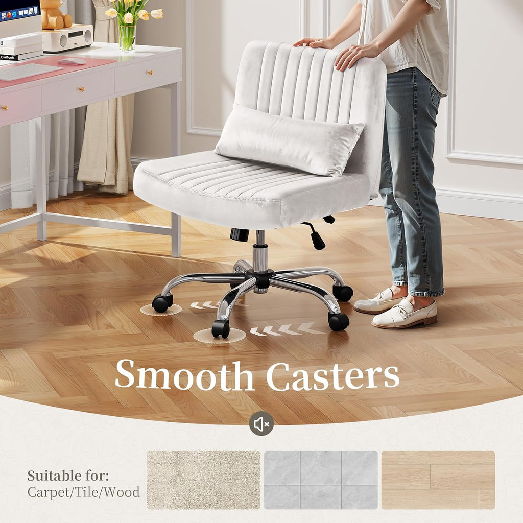 Warmiehomy Velvet Office Chair, Luxury Criss Cross Chair with Wheels, Comfy Cross Legged Desk Chair for Home Office, Stylish Vanity Chair, Wide Seat Computer Chair, Best Gift for Girls, Pure White