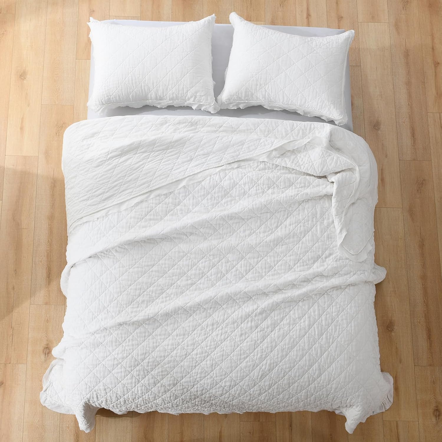 HORIMOTE HOME 100% Linen Front/100% Cotton Back Quilt Set King Size, White Pre-Washed European Flax Linen Quilt, Diamond Stitch Bedspread Coverlet Bedding Set 3-Piece for All Seasons