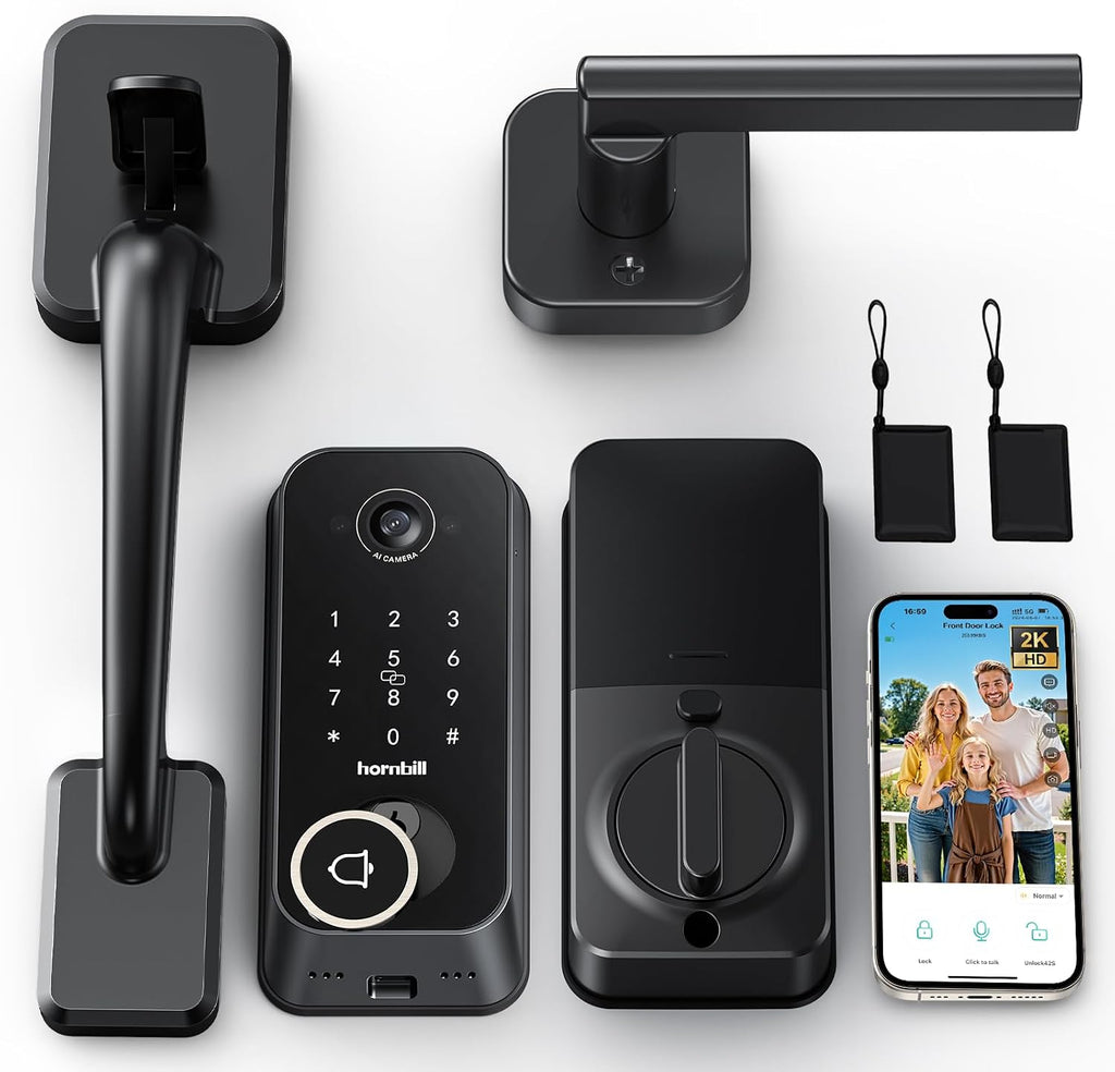 Smart Front Door Lock Sets: 2K HD Camera Lock with Doorbell Kits, Hornbill Fingerprint Keyless Entry Door Lock with Handles, WiFi Deadbolt(only 2.4G) for Remote Control, Free APP/Alexa/PIR, Black