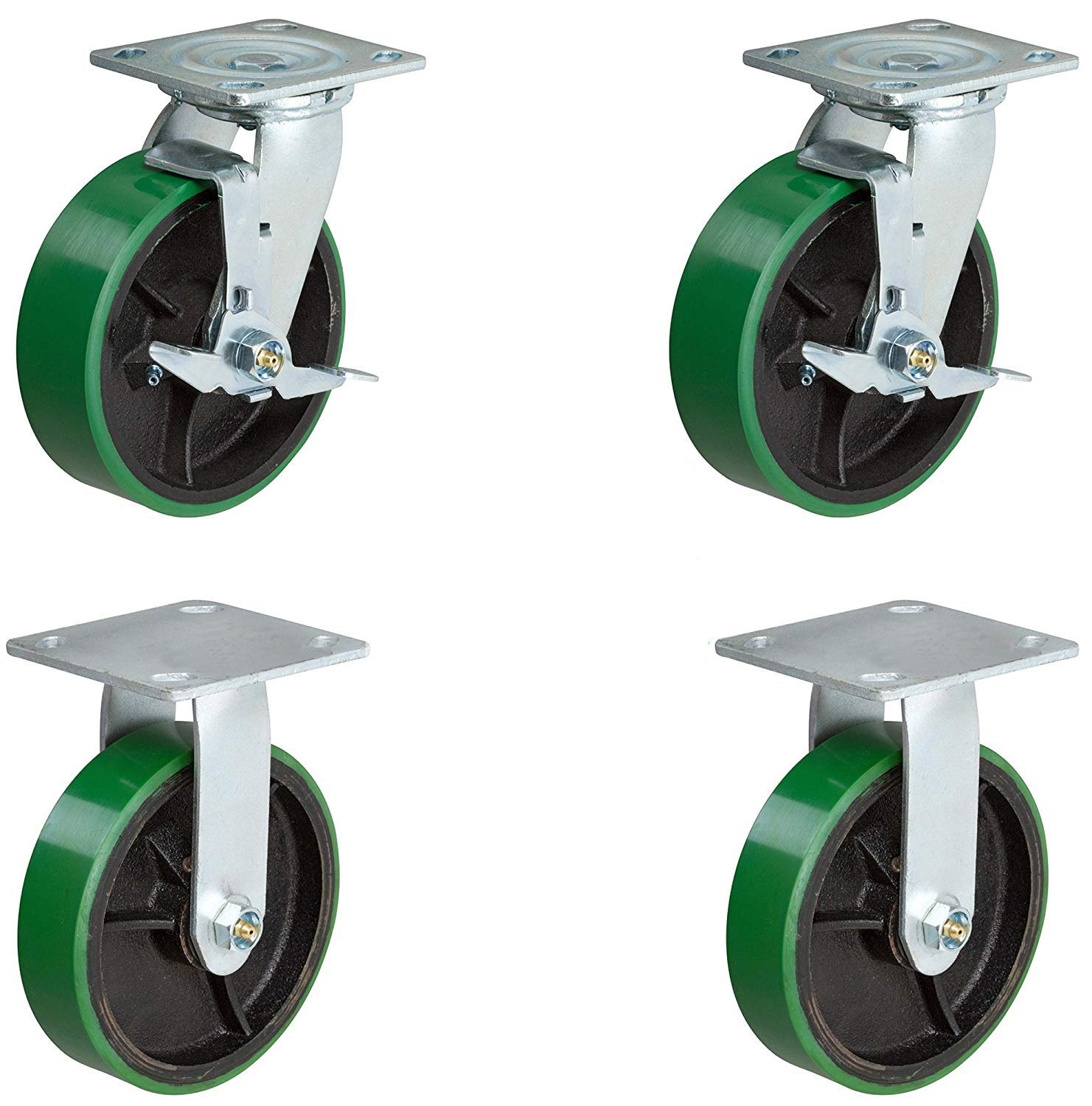 CasterHQ - 6 inch Heavy Duty Caster Set - 2 Swivel with Brake and 2 Fixed - Green Polyurethane Tread on Steel Core - Set of 4 - Toolbox Replacement Casters - 4 Pack