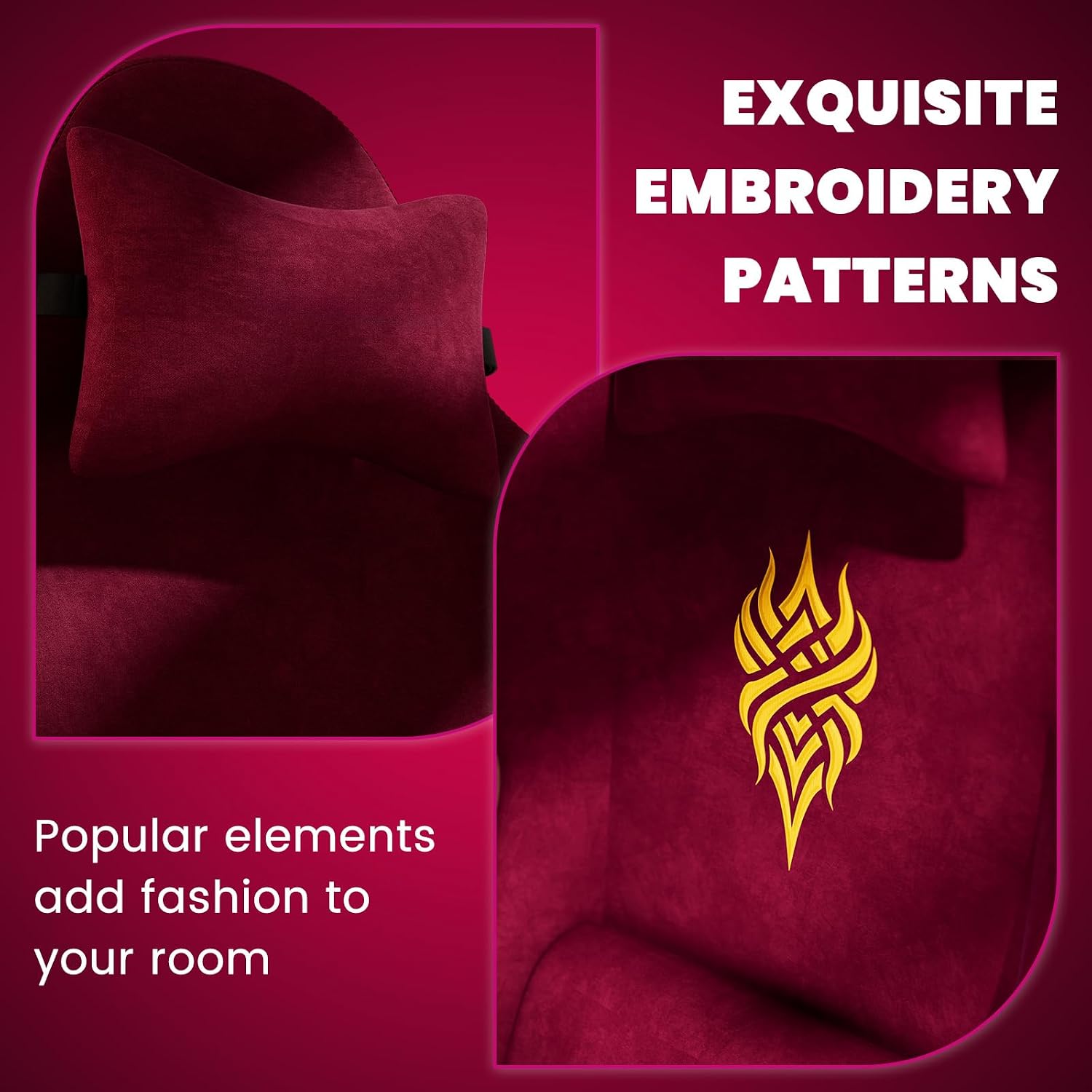 Ferghana Velvet Ergonomic Gaming Chair – High Back Design with Fire Embroidery, 20.5″ Wide Seat Cushion, Massage Lumbar Support & Footrest, Adult Computer Chair, Red