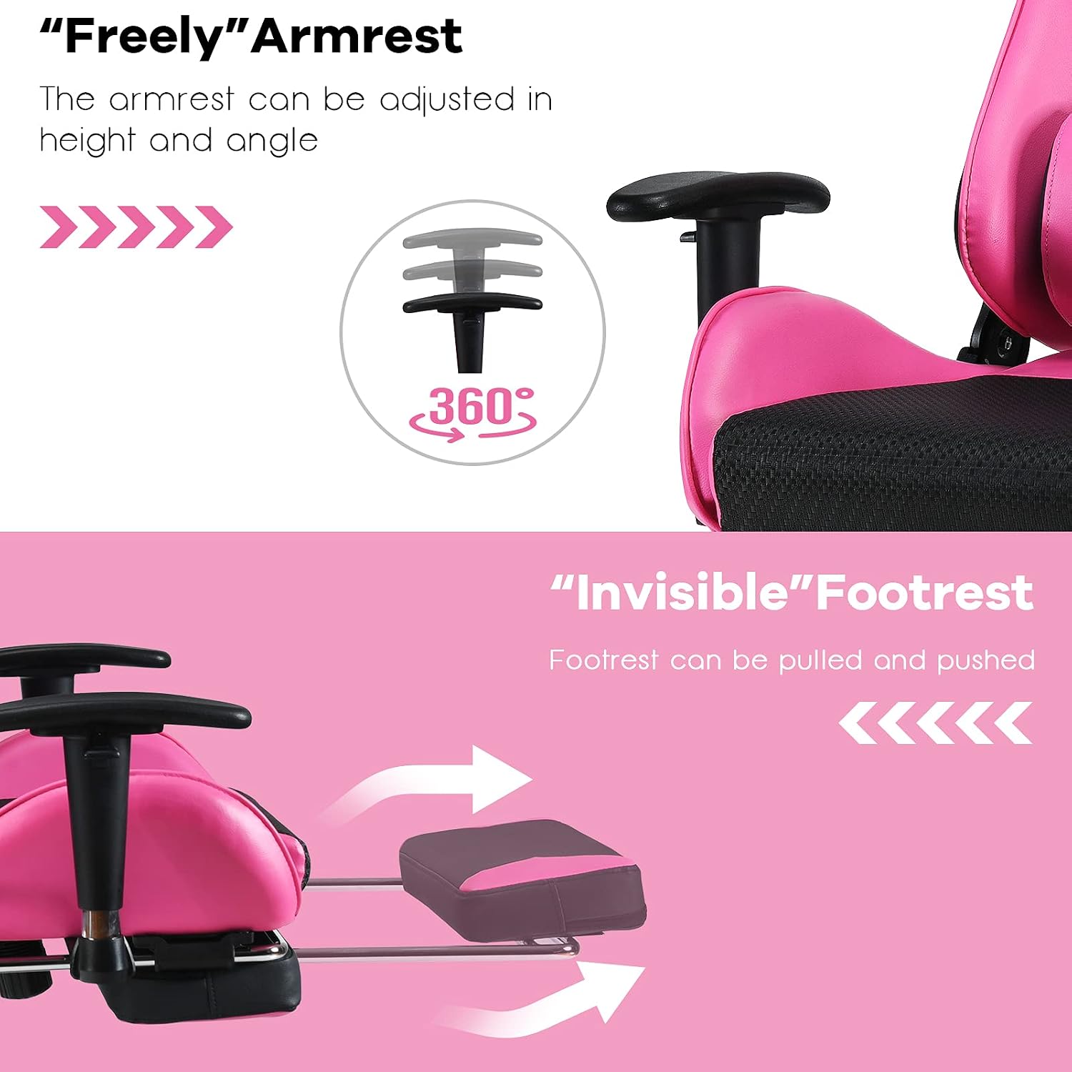 POWERSTONE Gaming Chair - Pink Gamer Chair with Footrest Racing Esports Computer Chair Massage Lumbar Support Leather Recliner
