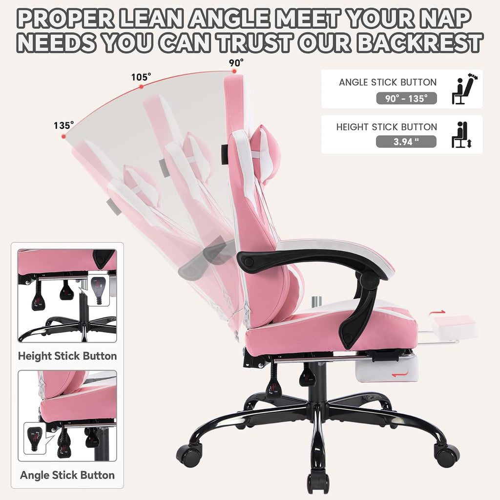 Gaming Chair with Massage and Footrest, Ergonomic High Back PC Racing Chair, 300LBS Capacity with Adjustable Lumbar Support & Headrest for Office and Desk (Model B, Pink)