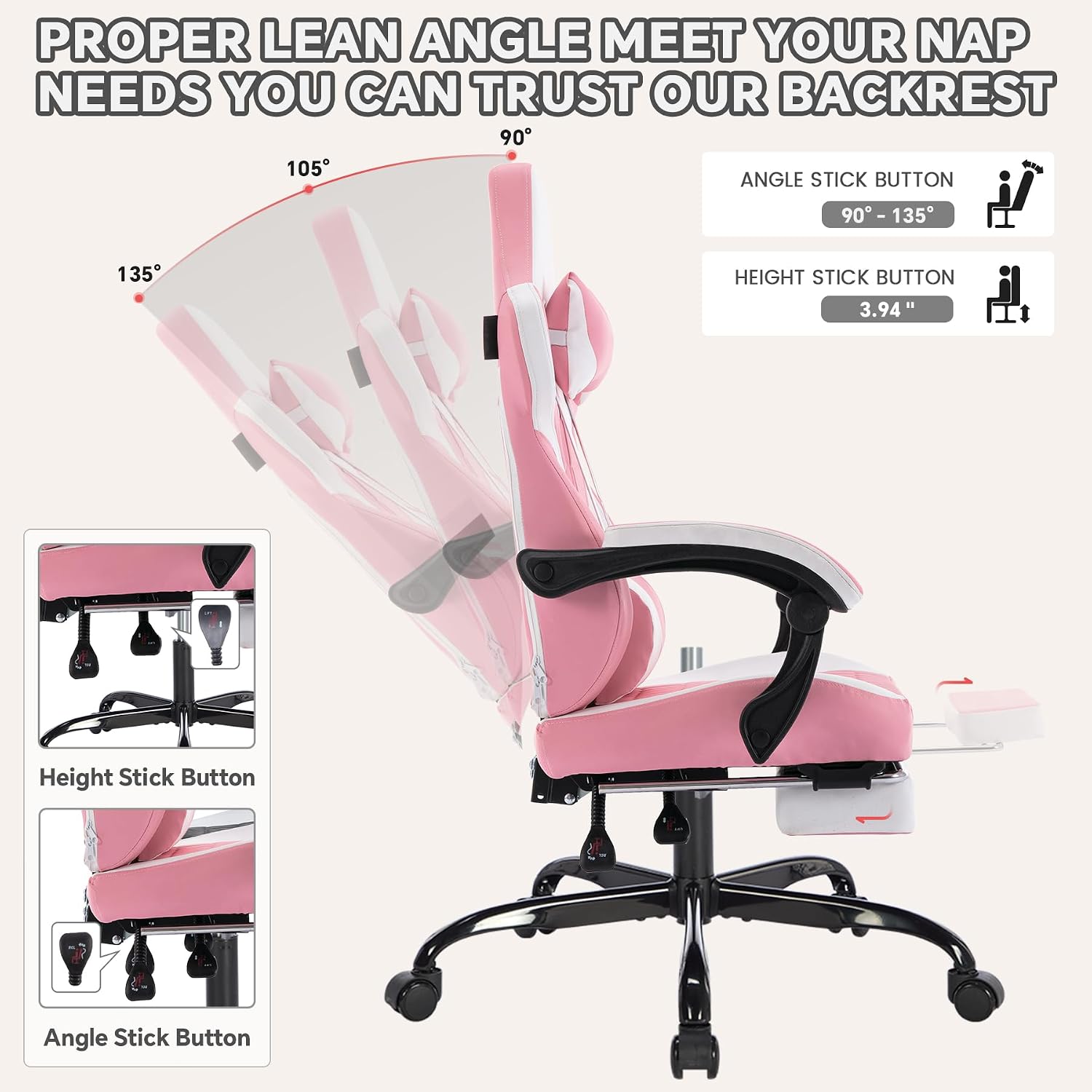Gaming Chair with Massage and Footrest, Ergonomic High Back PC Racing Chair, 300LBS Capacity with Adjustable Lumbar Support & Headrest for Office and Desk (Model B, Pink)