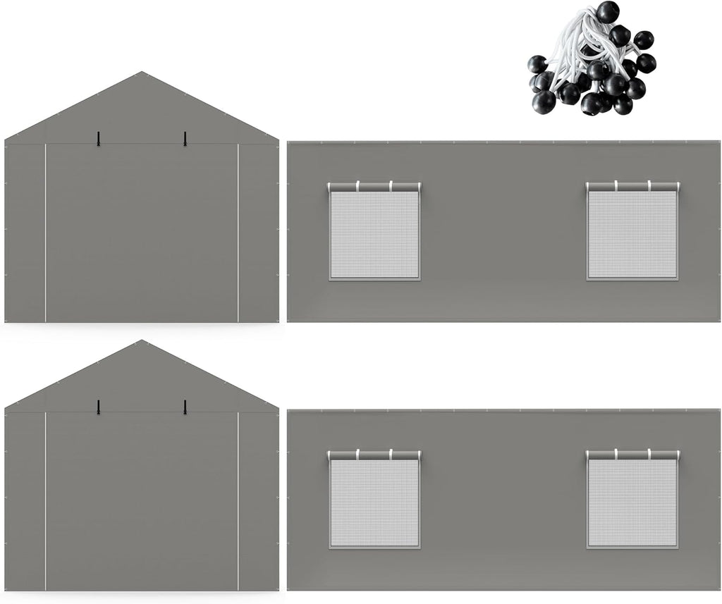 2 Pack Carport Canopy Replacement Sidewalls with Roll-up Windows, 2 Pack Zipper Doors for 10x20FT, Waterproof & UV Protected, Easy Assembly with Ball Bungees, Grey (Frame and Top Cover Not Included)