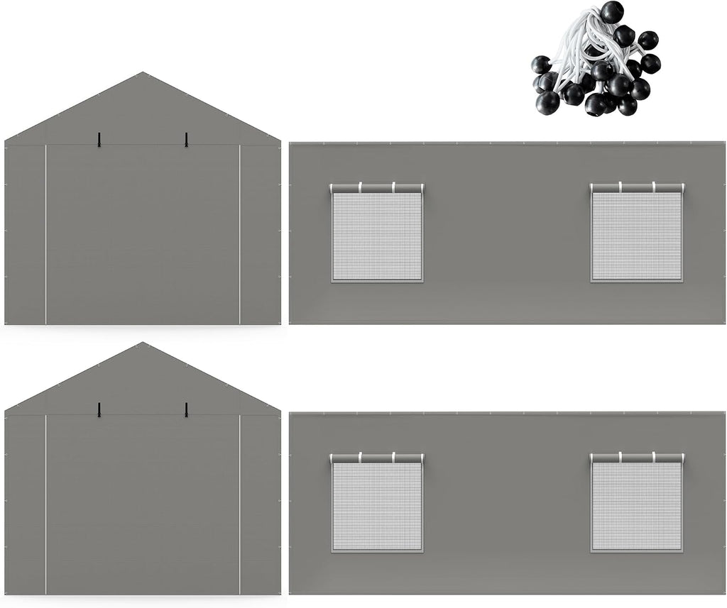 2 Pack Carport Canopy Replacement Sidewalls with Roll-up Windows, 2 Pack Zipper Doors for 12x20FT, Waterproof & UV Protected, Easy Assembly with Ball Bungees, Grey (Frame and Top Cover Not Included)