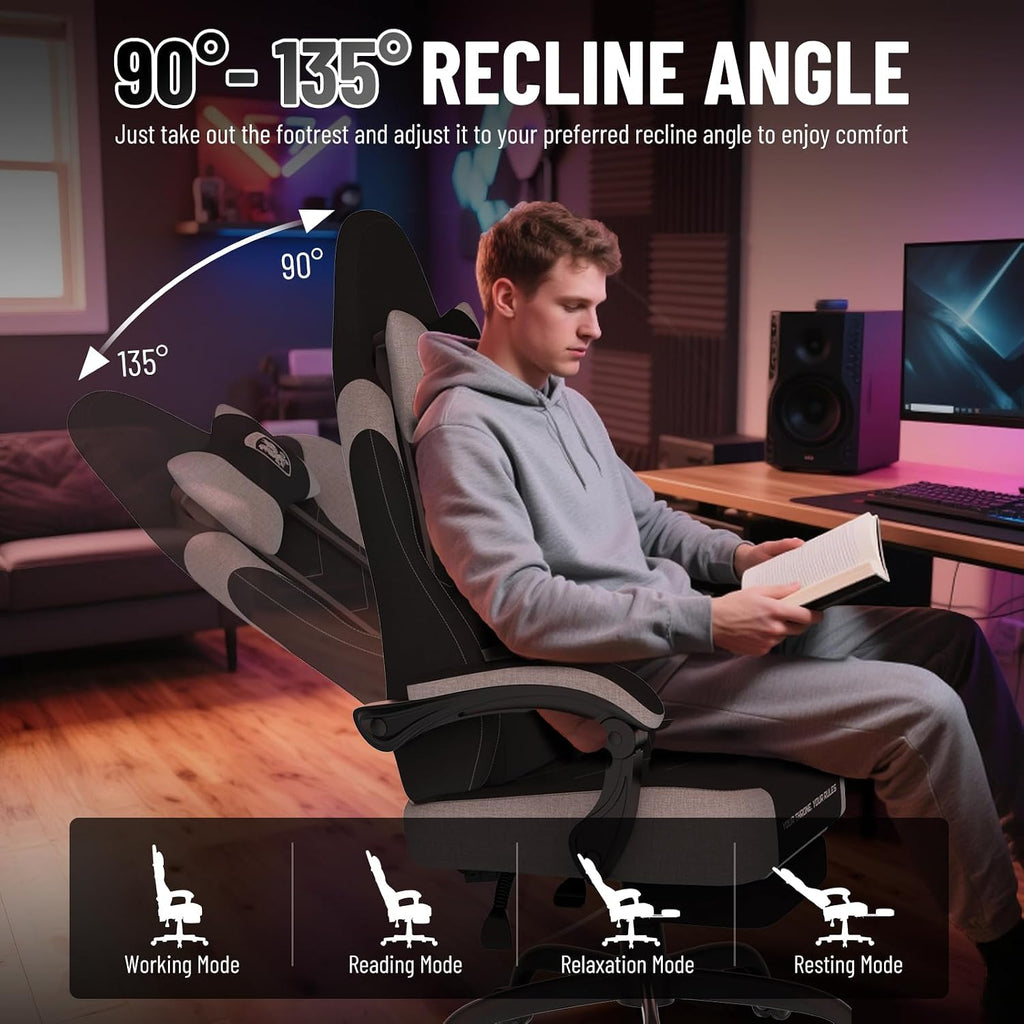 Soontrans Linen Fabric Ergonomic Black Gaming Chair with Massage Lumbar Pillow, Computer Chair with Wide Seat 20',Gamer Chair with Adjustable Headrest, Comfortable Office Chair for Home & Gaming