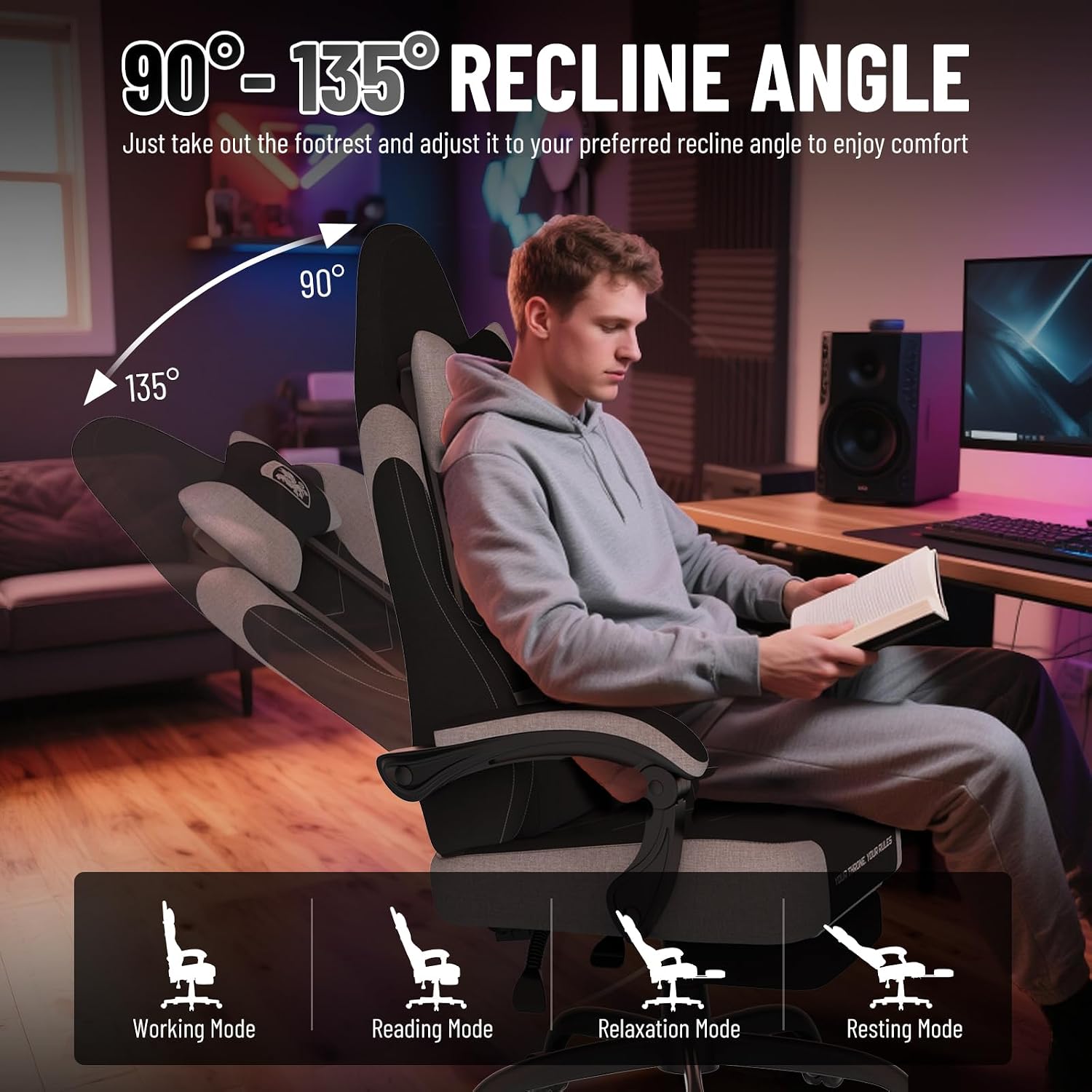 Soontrans Linen Fabric Ergonomic Black Gaming Chair with Massage Lumbar Pillow, Computer Chair with Wide Seat 20',Gamer Chair with Adjustable Headrest, Comfortable Office Chair for Home & Gaming