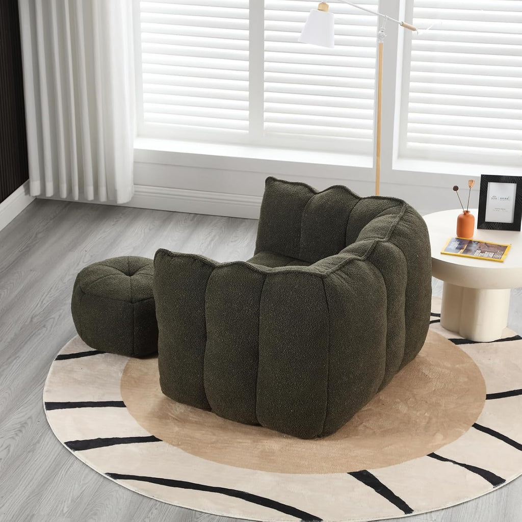 Giant Bean Bag Chair with Ottoman, Oversized Beanbag Chair for Adults, Comfy Floor Sofa Chair with Foam Filler, Pumpkin Lazy Lounger for Living Room, Game Room, Reading Corner, Chenille Olive Green