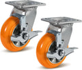 Caster Wheels, 5' Heavy Duty Industrial Swivel Caster, Crowned Tread Aluminum Core Thickened Polyurethane Casters Set of 2 with Load 2000lbs Capacity, Wheels for Cart Toolbox (2 Brake)