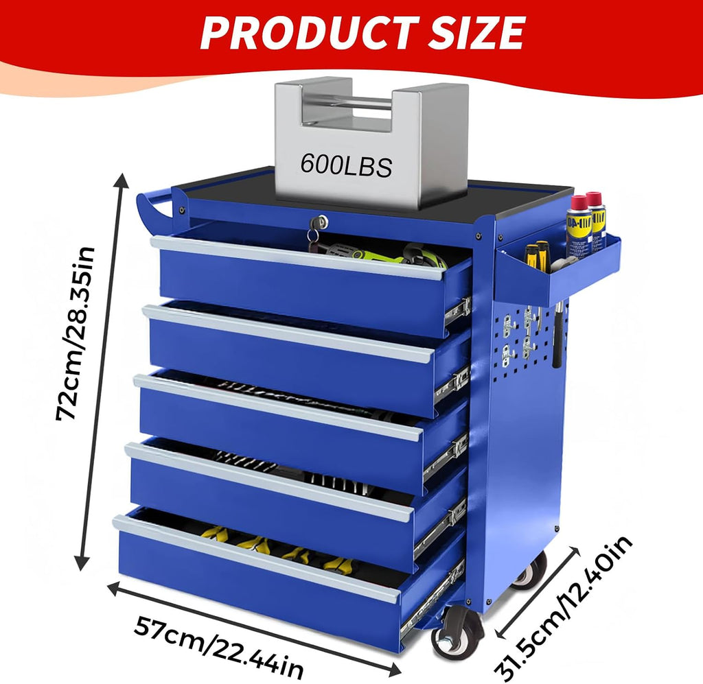Rolling Tool Chest with Wheels, 5 Drawers Tool Storage Cabinet, Portable Metal Tool Box Organizer with Lock, Tool Cart on Wheels Toolbox Workbench for Garage, Workshop, Warehouse(Required Assembly)