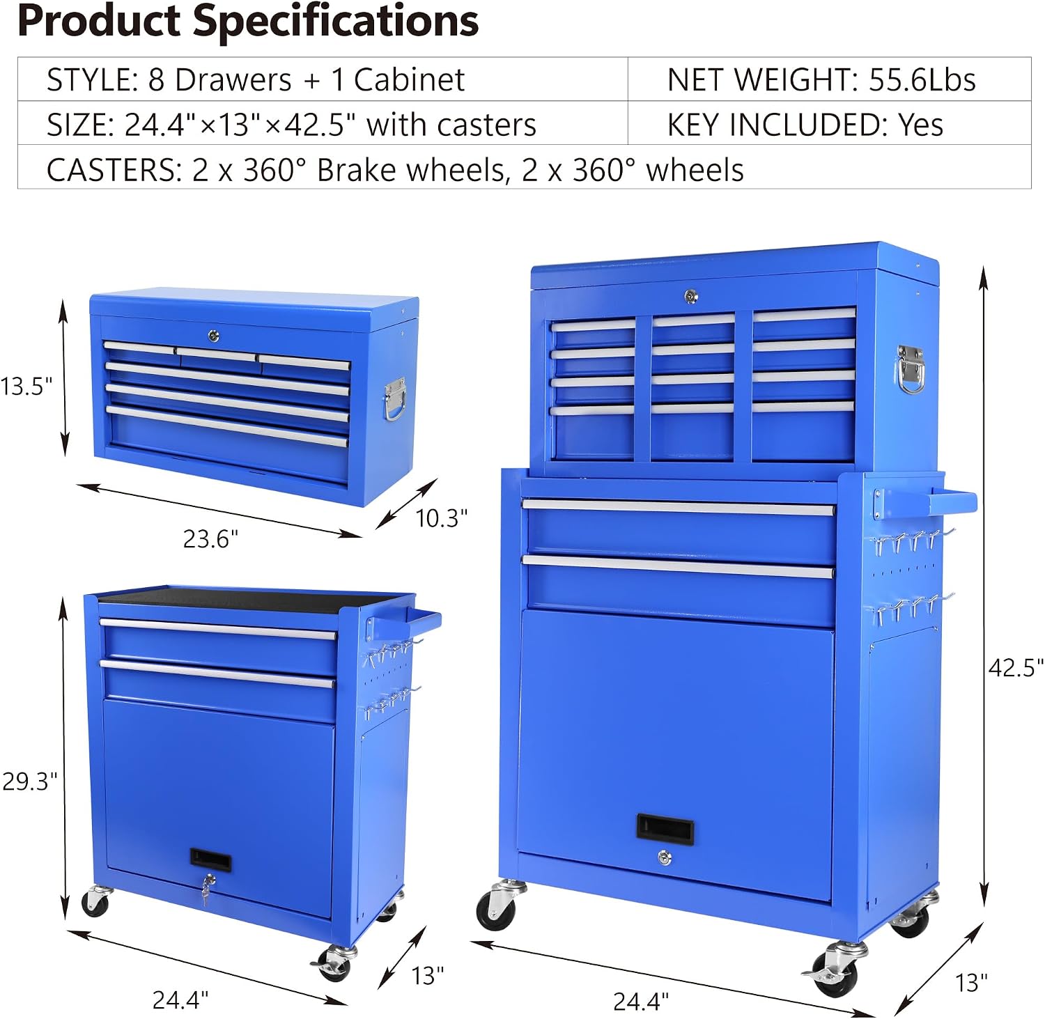 Rolling Tool Chest, 8 Drawer Rolling Tool Cabinet with Detachable Top Tool Box, Tool Cart On Wheels, Adjustable Shelf, Tool Organizer with Wheels for Garage Workshop