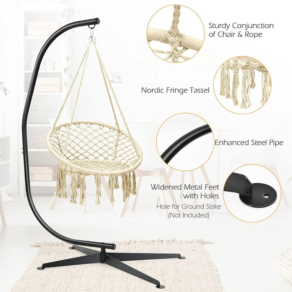 Giantex Hammock Chair with Stand, Solid Steel Heavy Duty C Stand with Macrame Hanging Chair, Handwoven Tassels Swing Chair Include Hammock Stand for Indoor Outdoor Use (Beige)