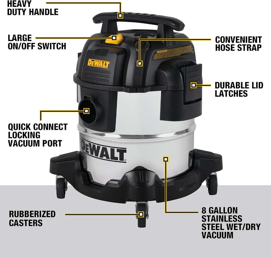 DEWALT DXV05S 5 Gallon Stainless Steel Wet/Dry Vac, 4 Peak HP Shop Vacuums with Attachments, Powerful Suction, 1-7/8' Hose, DXV05S, Silver