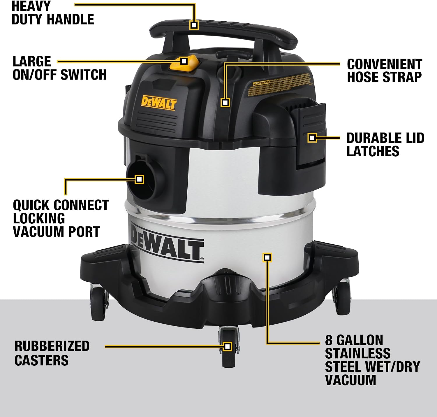 DEWALT DXV05S 5 Gallon Stainless Steel Wet/Dry Vac, 4 Peak HP Shop Vacuums with Attachments, Powerful Suction, 1-7/8' Hose, DXV05S, Silver