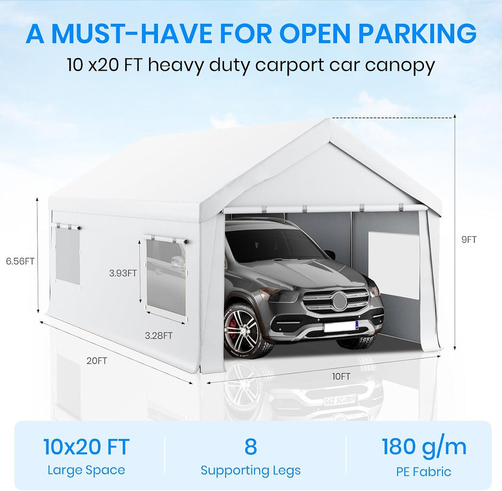 Bezseller 10x20 FT Heavy Duty Carport Canopy with Roll-Up Windows & Doors, Car Tent Portable Garage with All-Season Tarp for Cars, Boat, Trucks, White