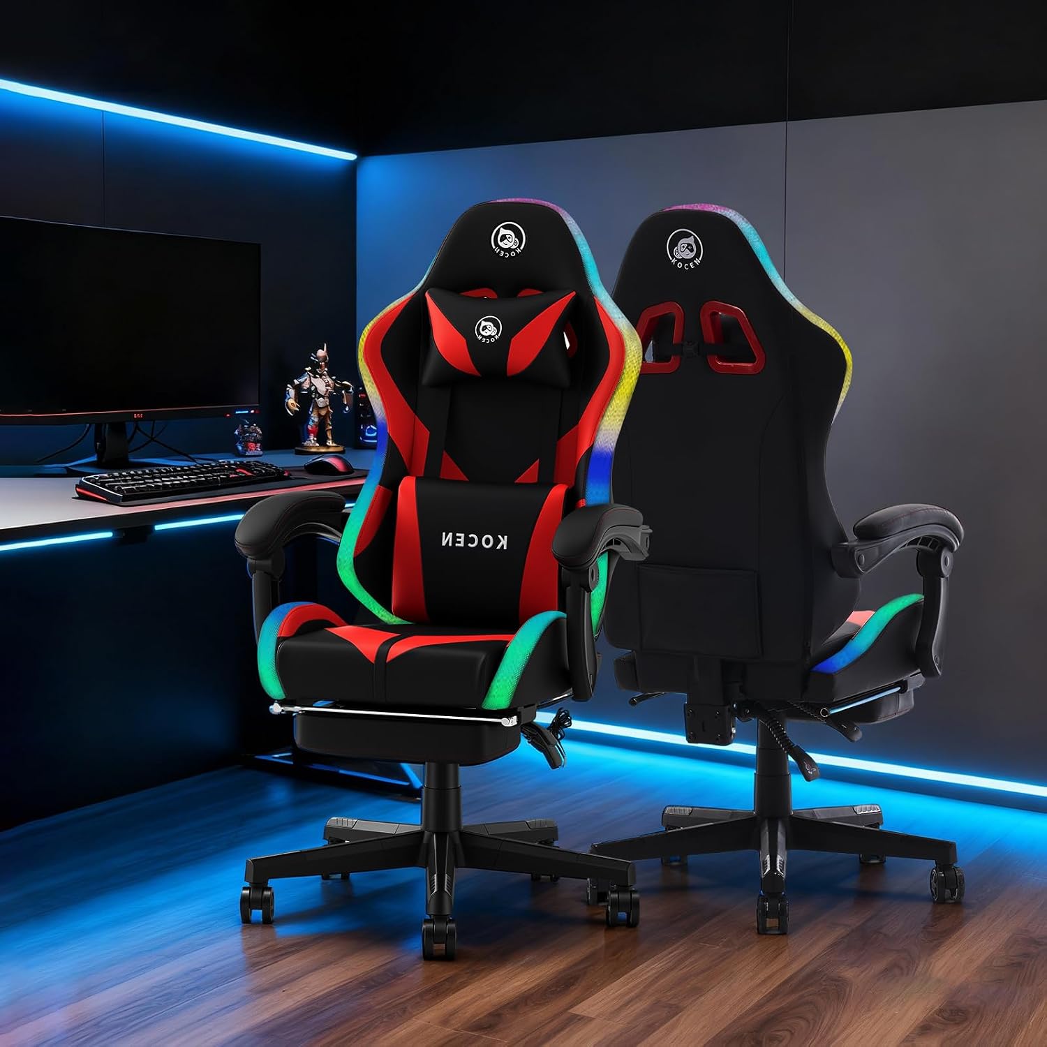LED Gaming Chairs for Adults Tall and Kids，Lumbar Support,LED Lights，High Back Reclining Computer Chair with Headrest (RedBlack)