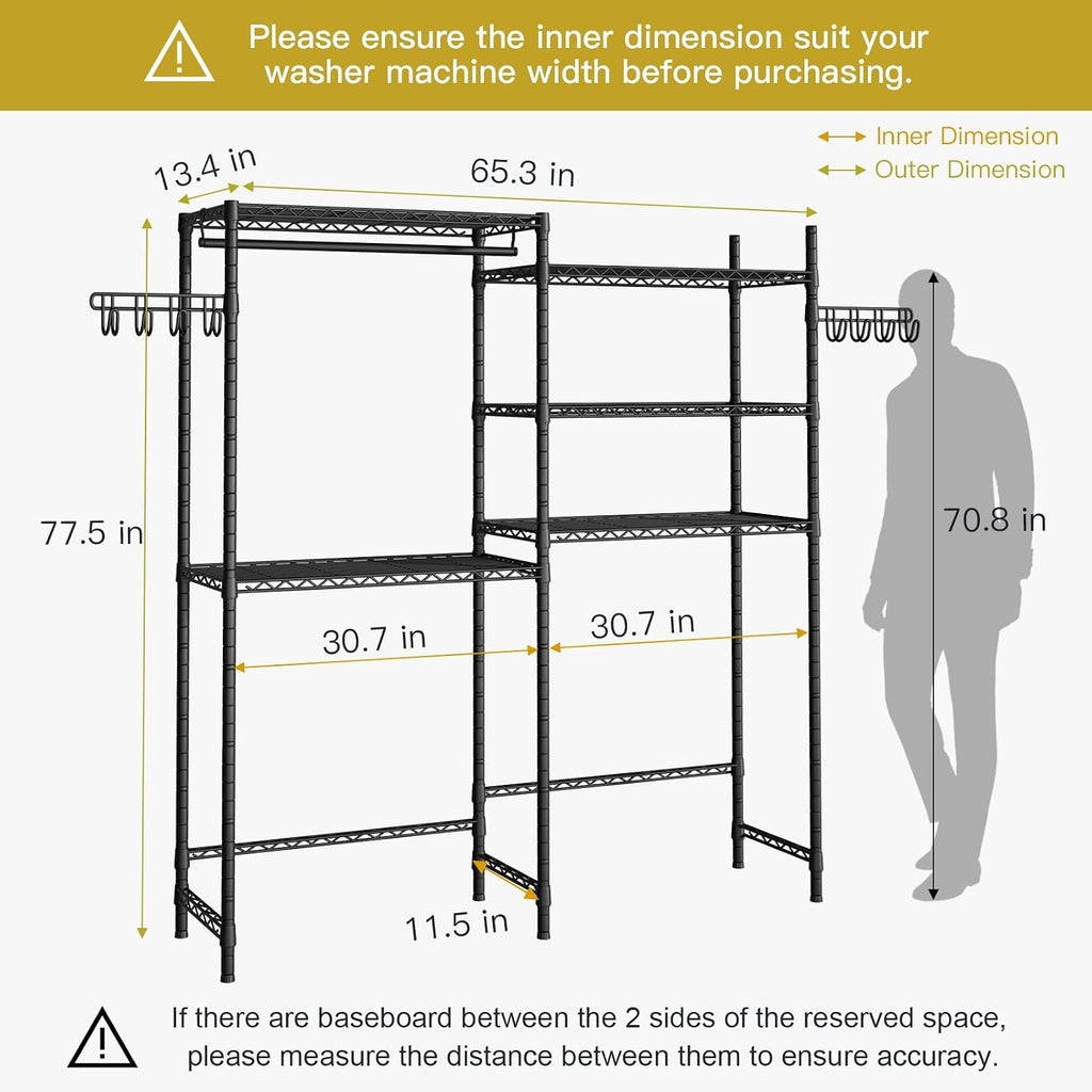 Ulif 65.3' W x 13.4' D x 77.5' H Clothes Drying Rack, 5 Tiers Over Washer and Dryer Laundry Room Storage and Organizer, Heavy-Duty Space Saver, Black