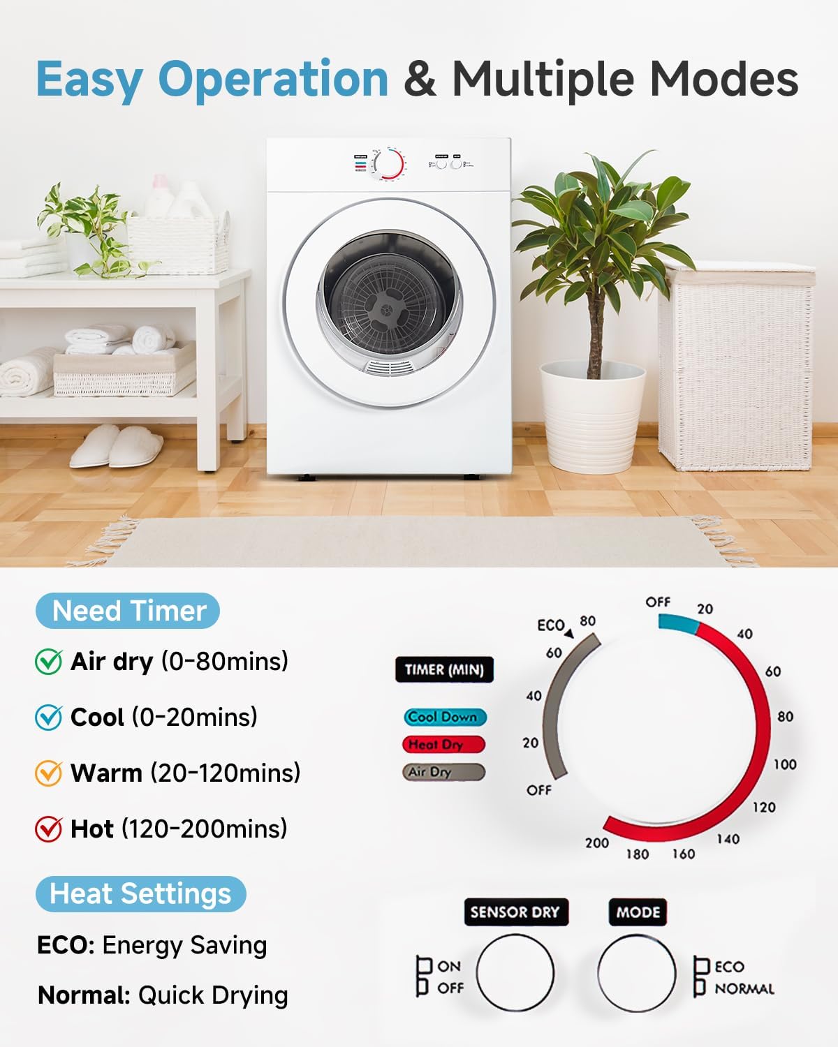 Feelfunn 1.8 Cu.Ft Compact Dryer - 1020W Portable Clothes Dryer with Stainless Steel Tub, Front Load Tumble, Four Functions - Compact Drying Unit for Laundry, Apartments, Dorms