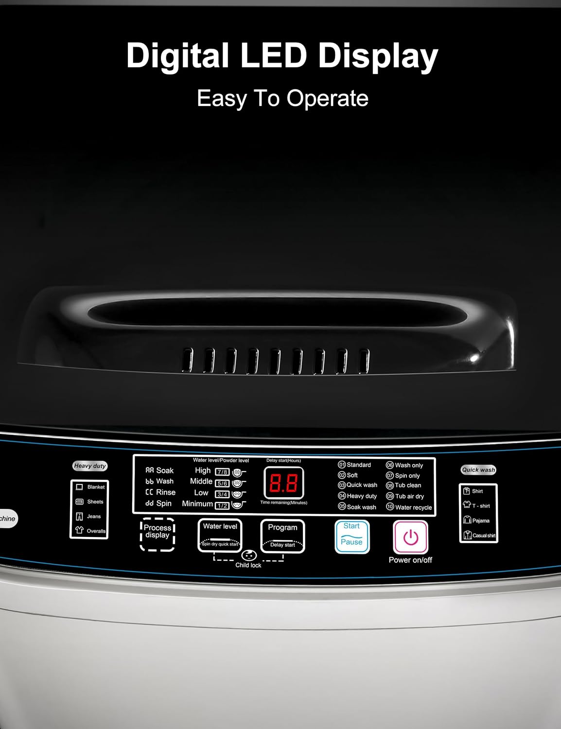 Portable Washing Machine - Compact 2.0 Cu.ft Portable Washer, Full-Automatic Top Loader for Space Saving, Ideal for Apartments, Homes, and Dorms, 10 Wash Cycles, Low Noise, IPX4 with Drain Pump