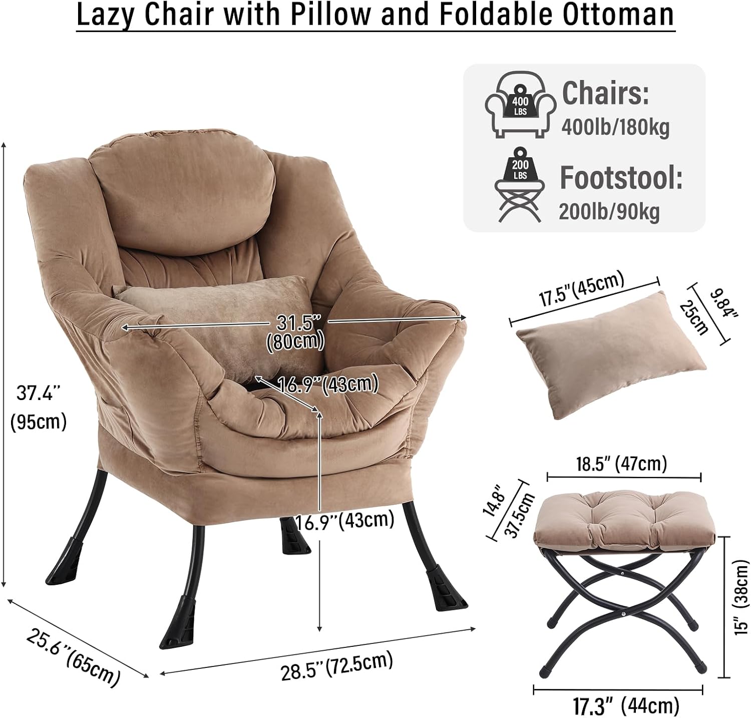 Lazy Chair with Ottoman, Modern Accent Chair with Lumbar Pillow, Velvet Khaki Sofa, Armchairs with Folding Footrest, Oversized Supportive Chairs for Bedroom, Reading