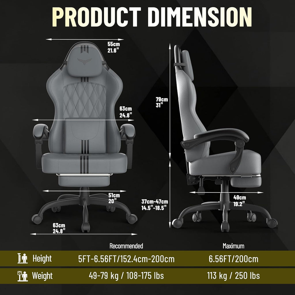 Ferghana PU Leather Gaming Chair with Wider Seat Cushion, Diamond Double-Stitching Ergonomic High Back Game Chair with Footrest, Computer Chair with Massage Lumbar Support for Adult, Gray/Black