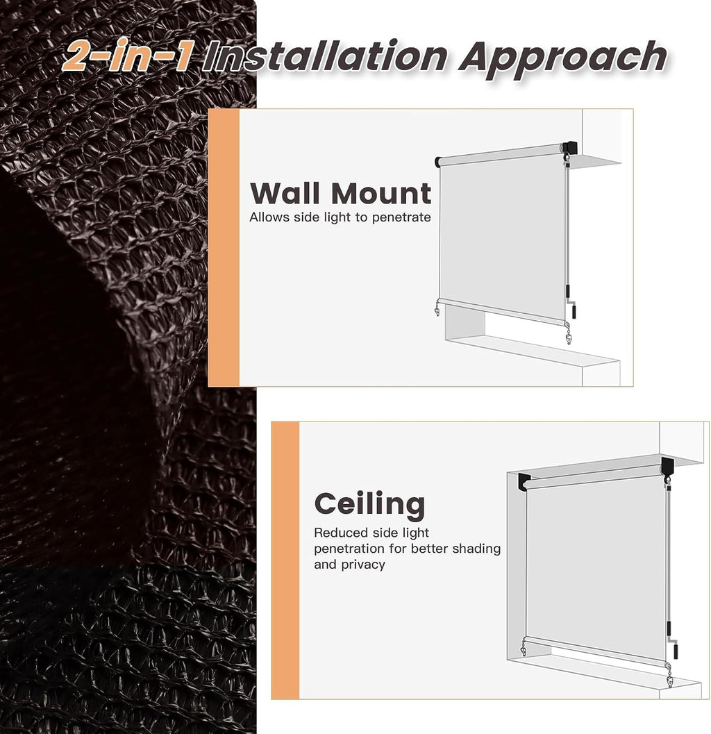 VICLLAX Outdoor Roller Shade (120' W×96' L), Patio Cordless Roller Blinds, Exterior Roll Up Shade with Spliced Design for Patio Porch Gazebo, Chocolate