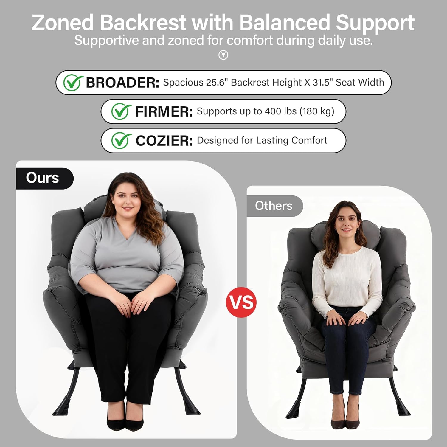 Lazy Chair with Ottoman, Modern Accent Chair with Lumbar Pillow, Dark Grey Sofa, Armchairs with Folding Footrest, Oversized Supportive Chairs for Bedroom, Reading