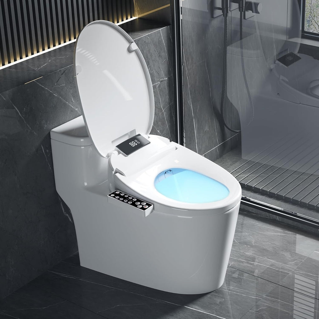 XCQQ Electric Heated Bidet Toilet Seat with Warm Water Wash, Warm Air Dryer, Soft Closed Lid, Night Light, LED Display, Toilet Seat with Bidet Requires Outlet - Elongated