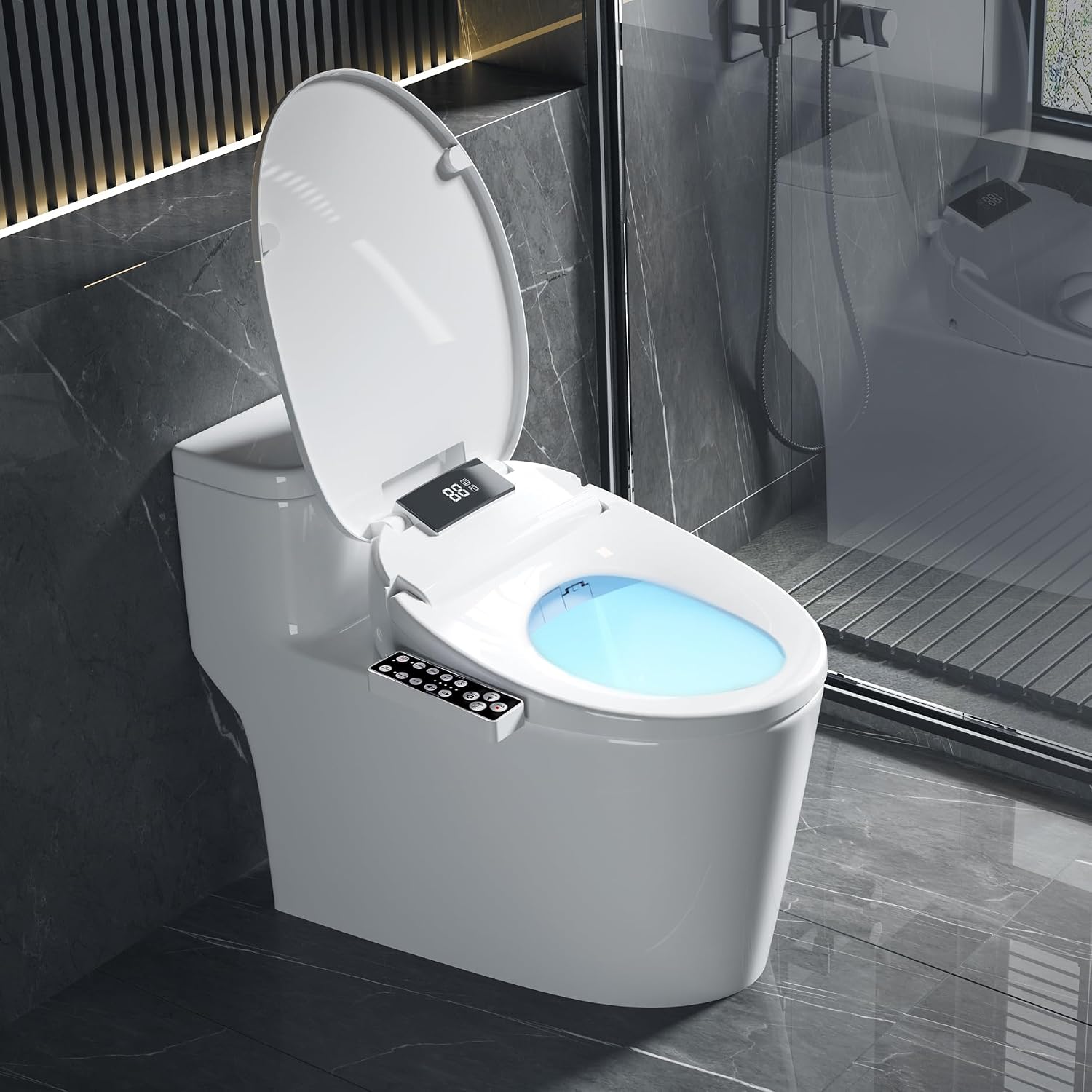 XCQQ Electric Heated Bidet Toilet Seat with Warm Water Wash, Warm Air Dryer, Soft Closed Lid, Night Light, LED Display, Toilet Seat with Bidet Requires Outlet - Elongated