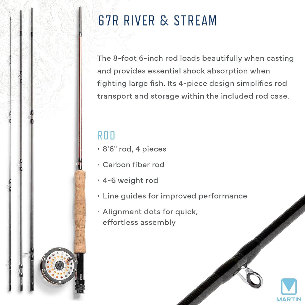 Martin 67R River|Stream Fly Fishing Rod and Reel Combo Kit, 4/6-Weight, 8-Foot 6-Inch, 4-Piece Rod, Moderate Action, Single Action Reel, 6-Weight Floating Line, Fly Assortment, Travel Case, Brown